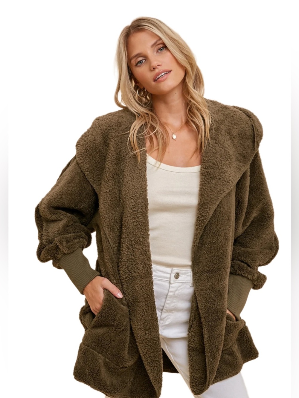 Hem & Thread Fuzzy Knit Cardigan Hooded - Olive